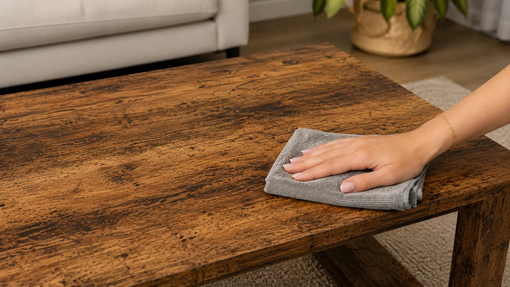 Table basse en bois rustique nettoyée avec chiffon microfibre gris dans un salon moderne chaleureux