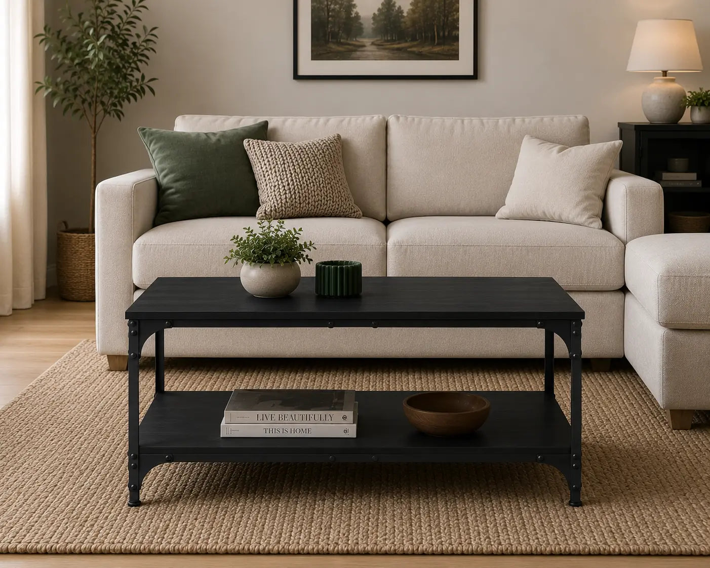 Table basse noire industrielle avec étagère inférieure ouverte, mise en scène dans un salon contemporain chaleureux Image