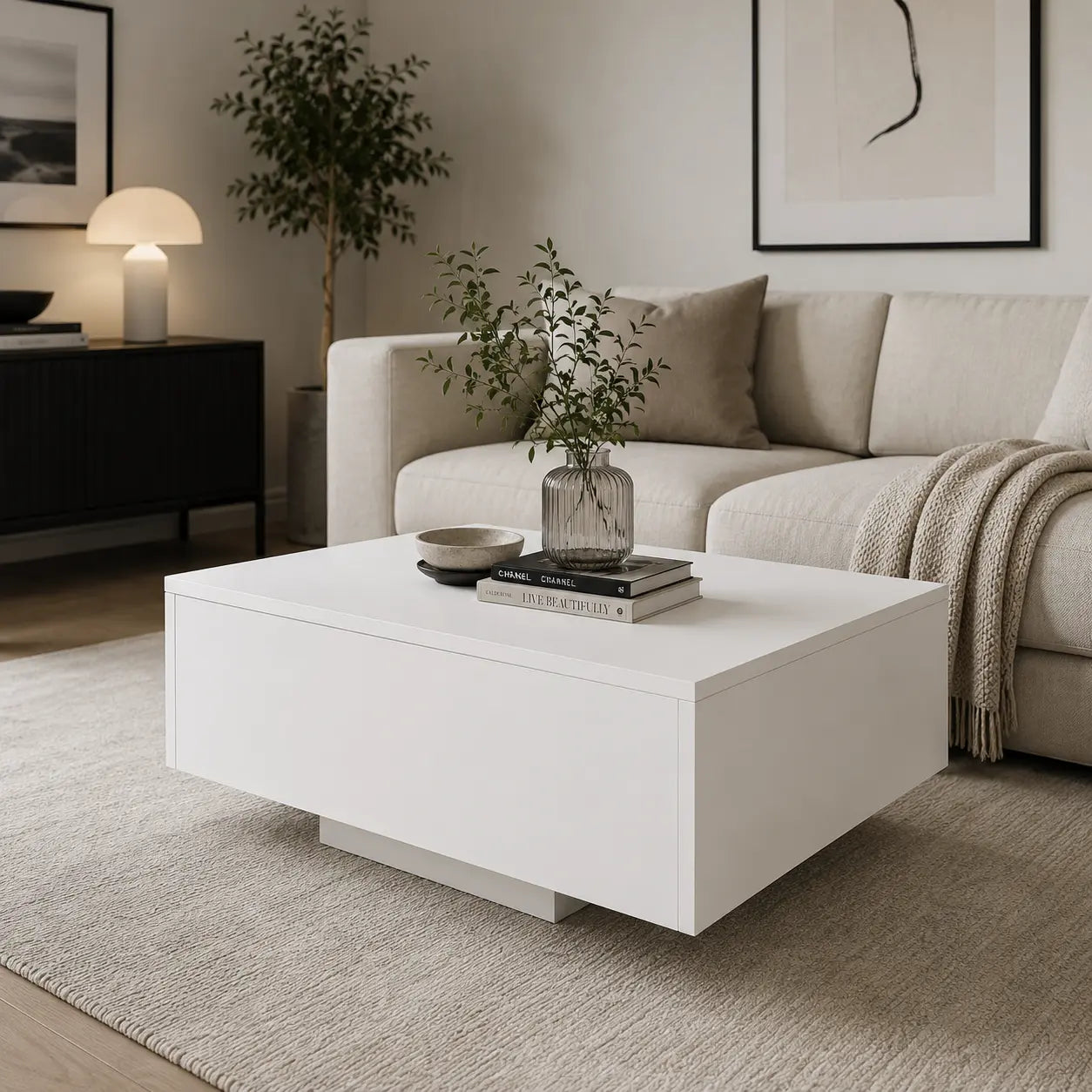 Table basse blanche brillante au design minimaliste, mise en scène dans un salon contemporain élégant et lumineux Image