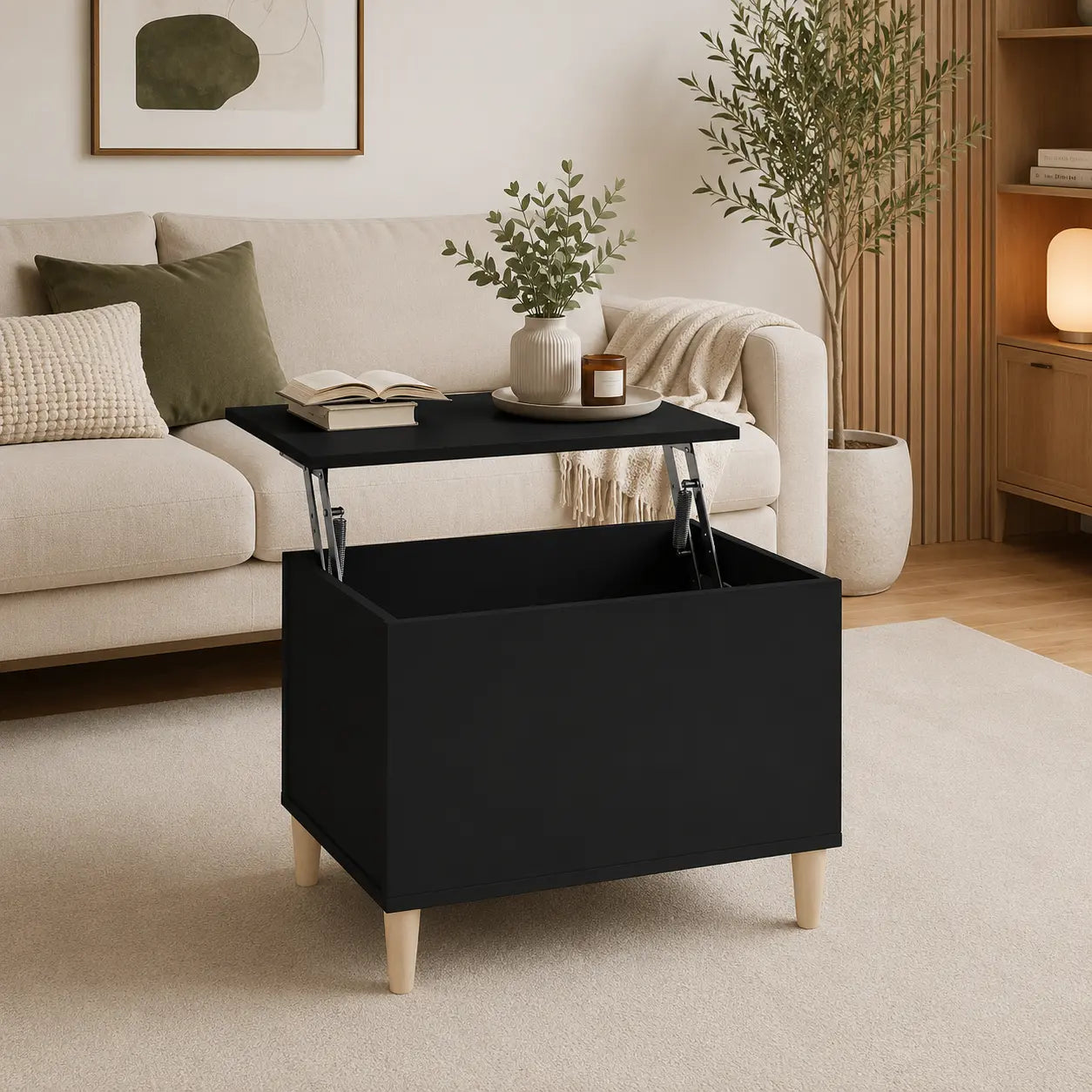 Table basse noire relevable avec rangement intégré dans un salon moderne aux tons naturels et décoration épurée Image