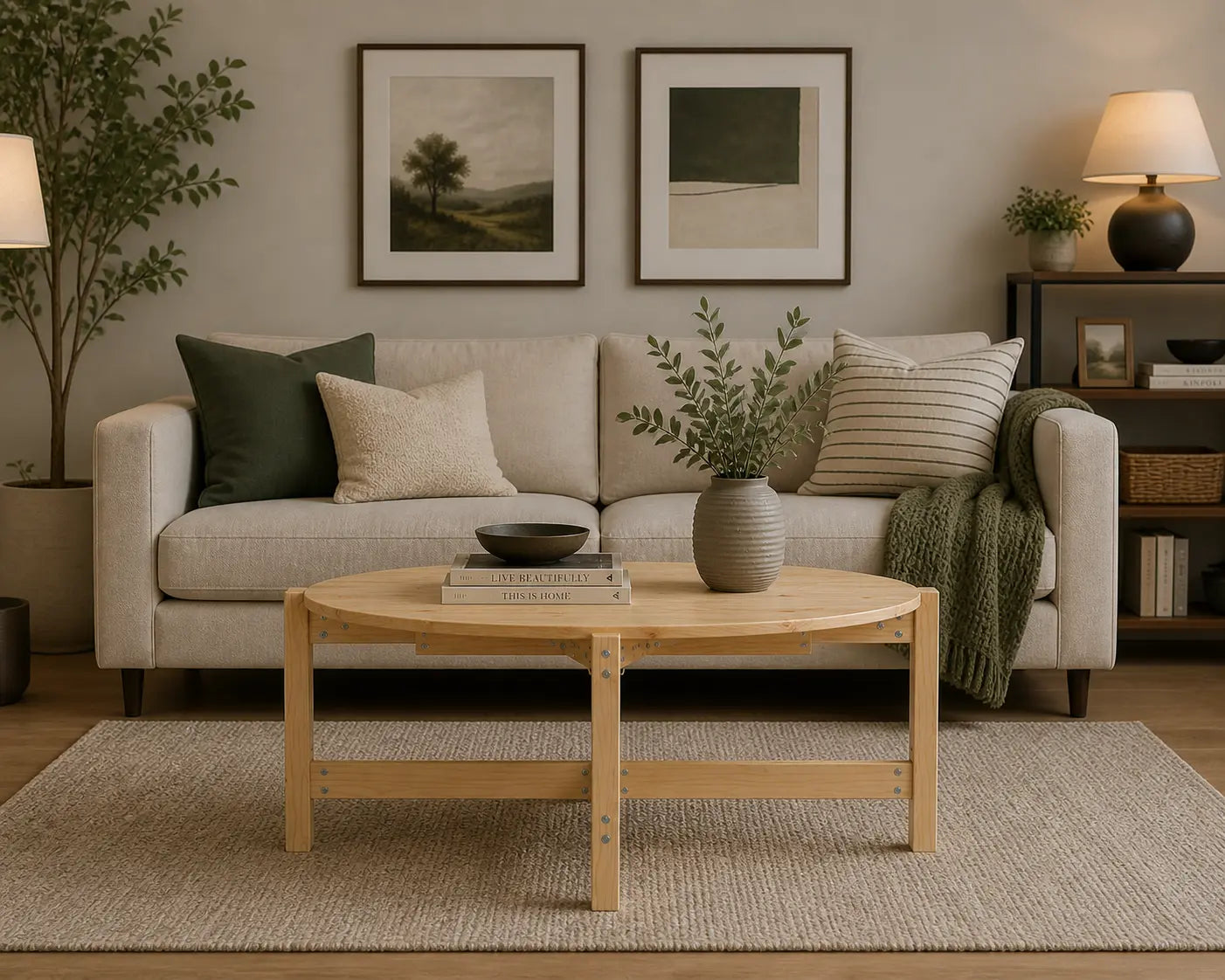 Table basse ovale en bois clair dans un salon chaleureux au style scandinave contemporain Image