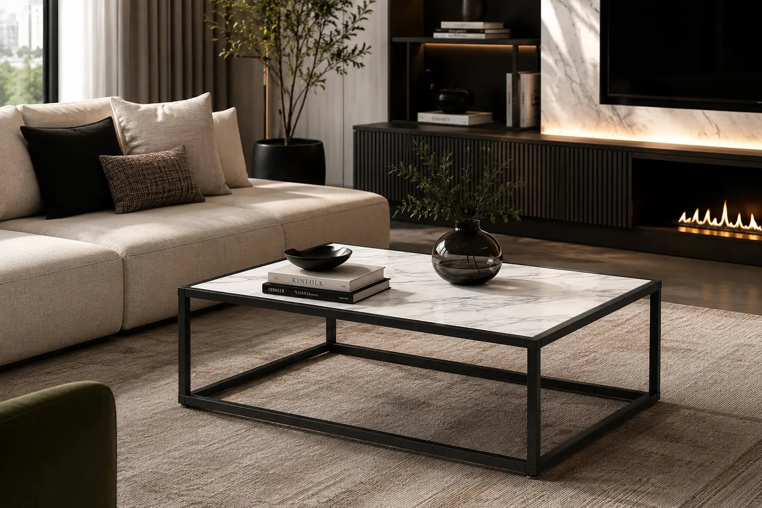 Table basse rectangulaire effet marbre blanc avec structure noire moderne dans un salon élégant Image