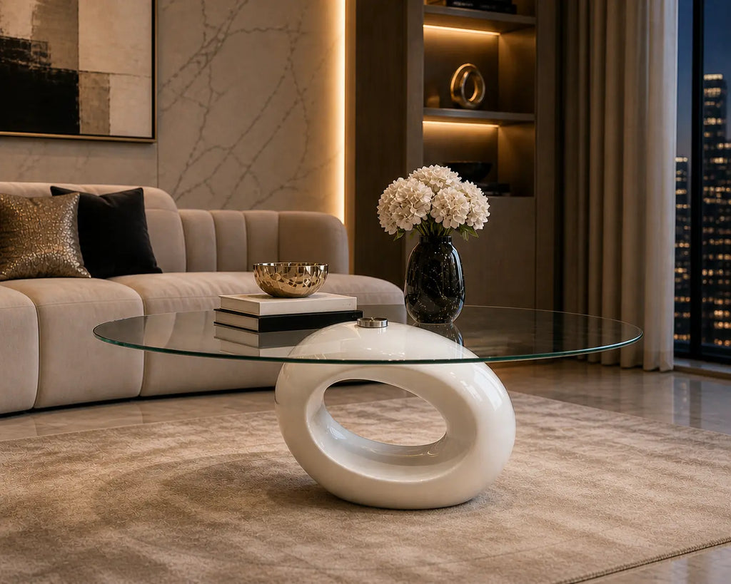 Table basse design avec plateau en verre transparent et base sculpturale blanche, mise en scène dans un salon contemporain élégant