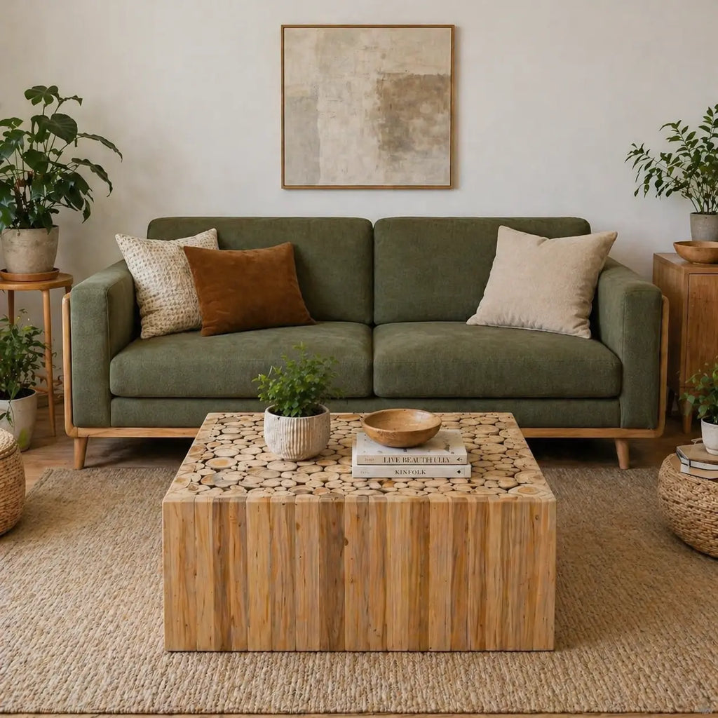 Table basse Japandi Hikari en bois de teck massif, mise en scène dans un salon chaleureux au style naturel et contemporain