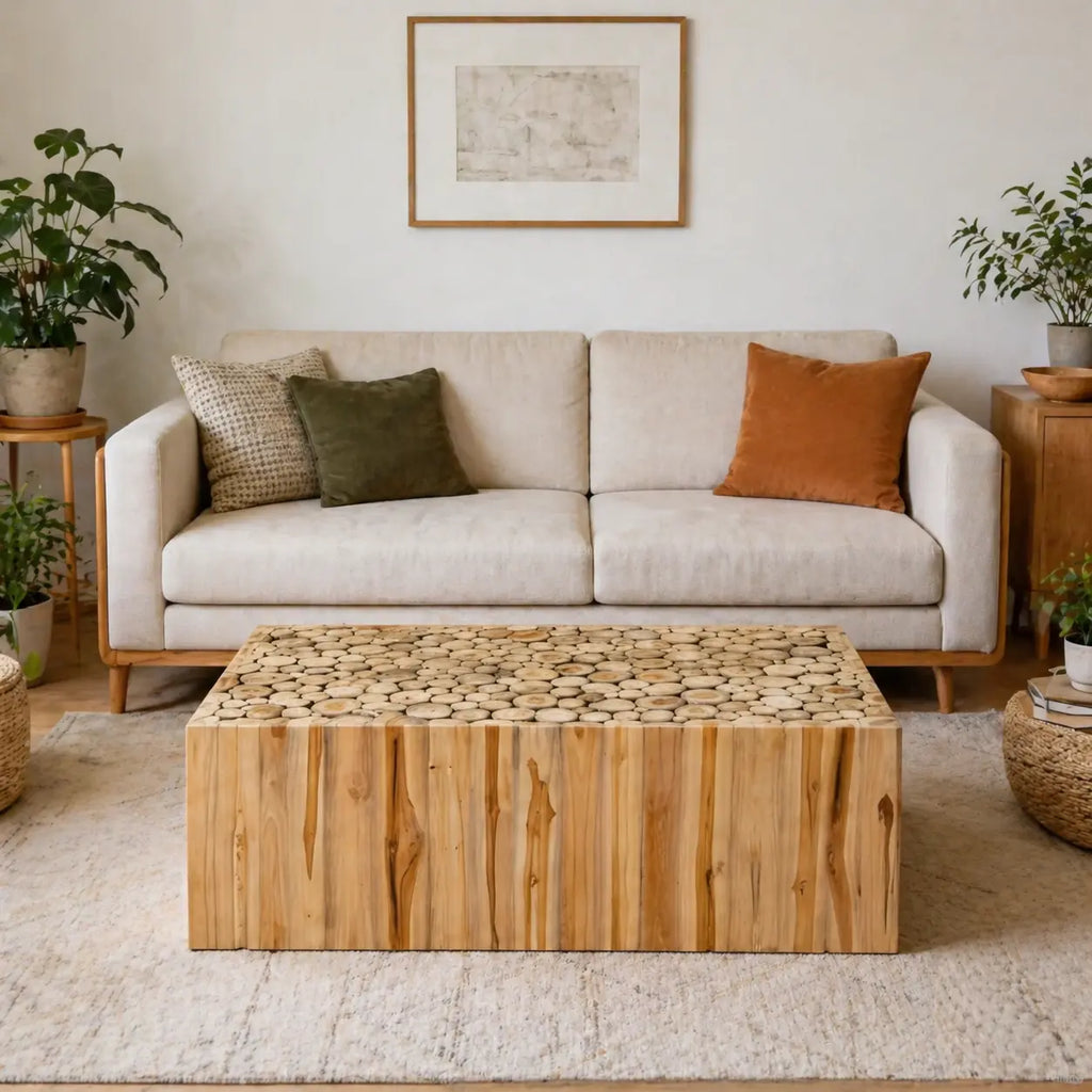 Table basse Japandi Hikari en bois de teck massif, mise en scène dans un salon chaleureux avec design naturel et épuré