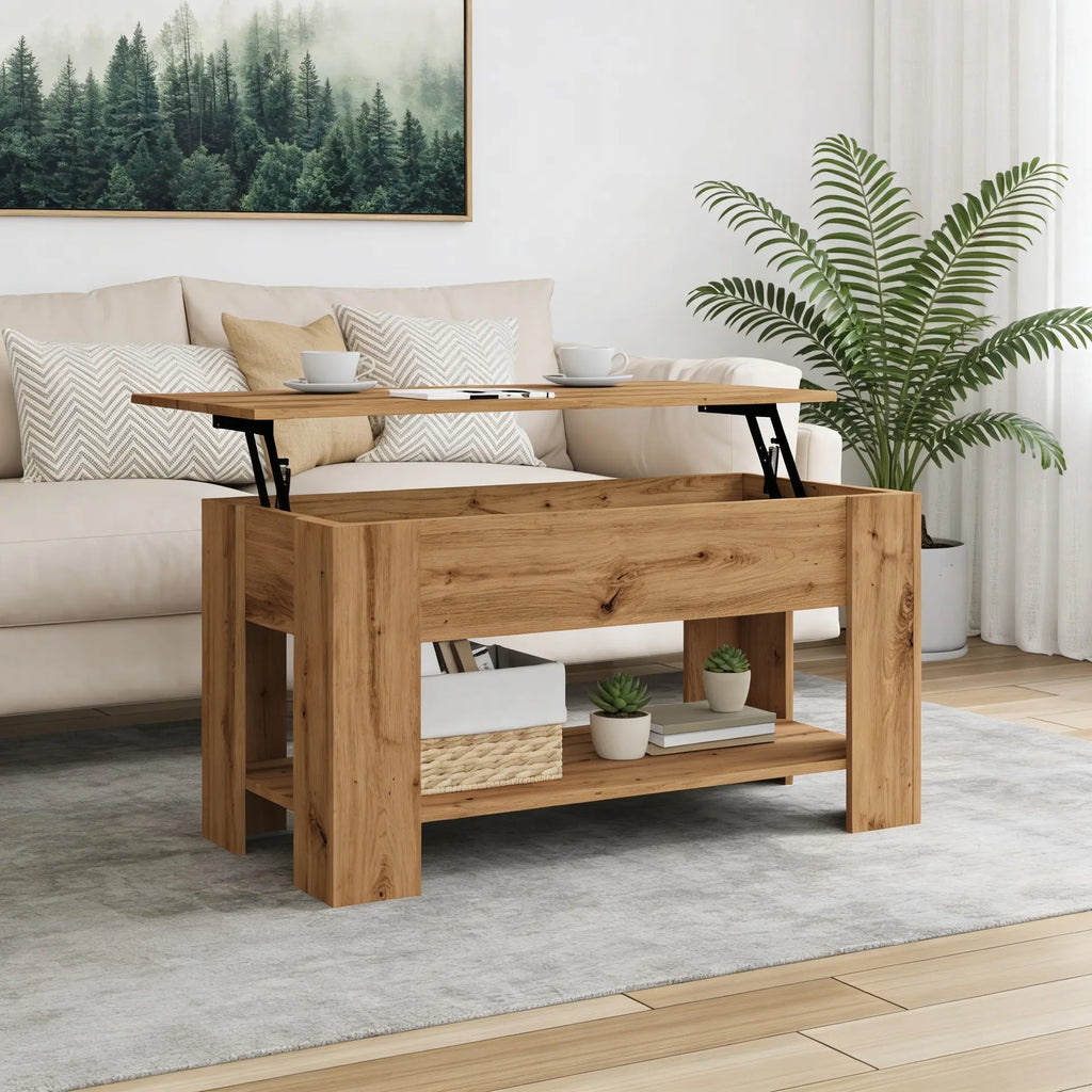 Table basse relevable Sylvane en bois naturel dans un salon moderne avec rangement intégré élégant
