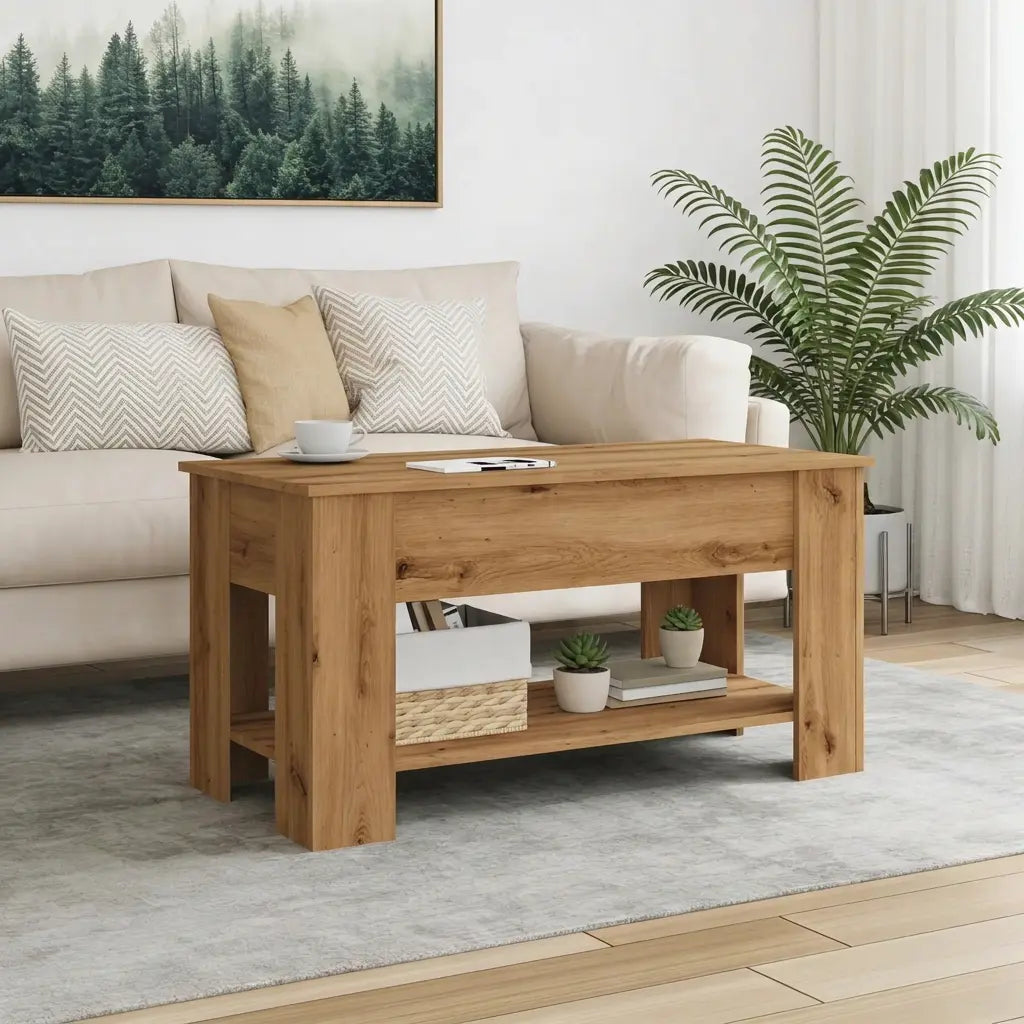 Table basse Sylvane en bois naturel dans un salon moderne avec étagère basse et style chaleureux