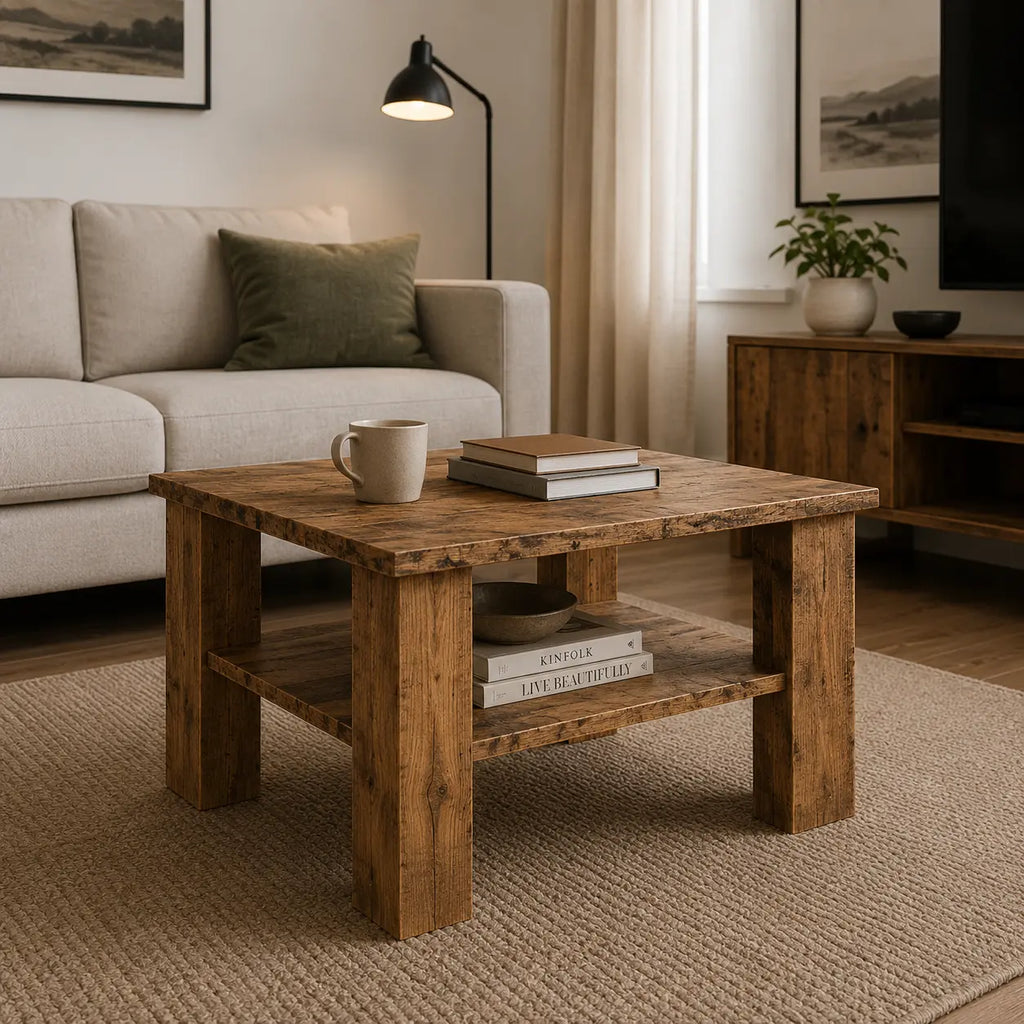 Table basse en bois effet rustique avec étagère de rangement ouverte, design robuste pour salon chaleureux