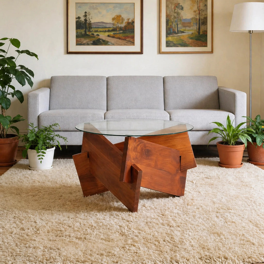Table basse design en verre avec base sculpturale en bois massif brun dans salon contemporain chaleureux