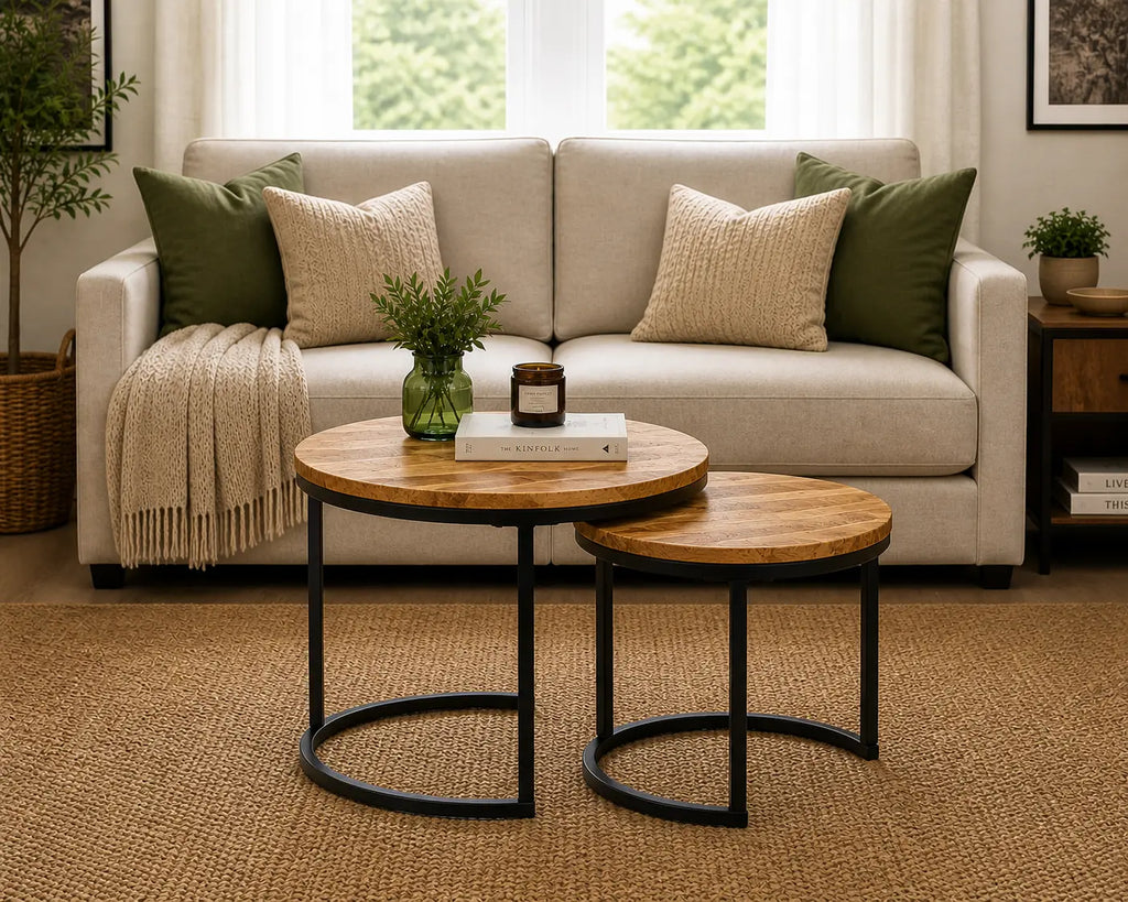 Tables basses gigognes rondes avec plateau bois naturel et pieds métal noir dans salon moderne