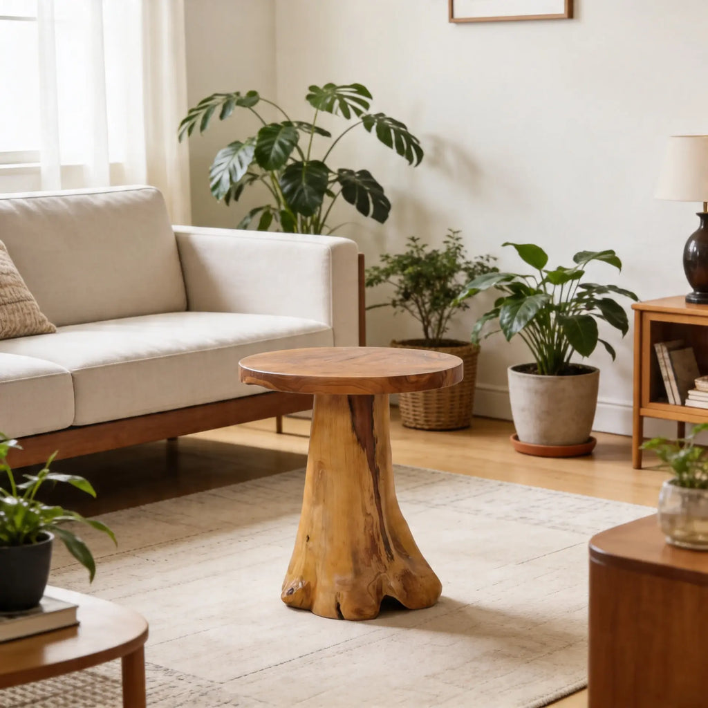 Table basse en bois massif naturel avec base sculptée effet tronc, mise en scène dans un salon au style chaleureux