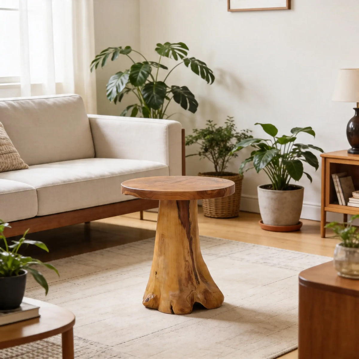 Table basse en bois massif naturel avec base sculptée effet tronc, mise en scène dans un salon au style chaleureux