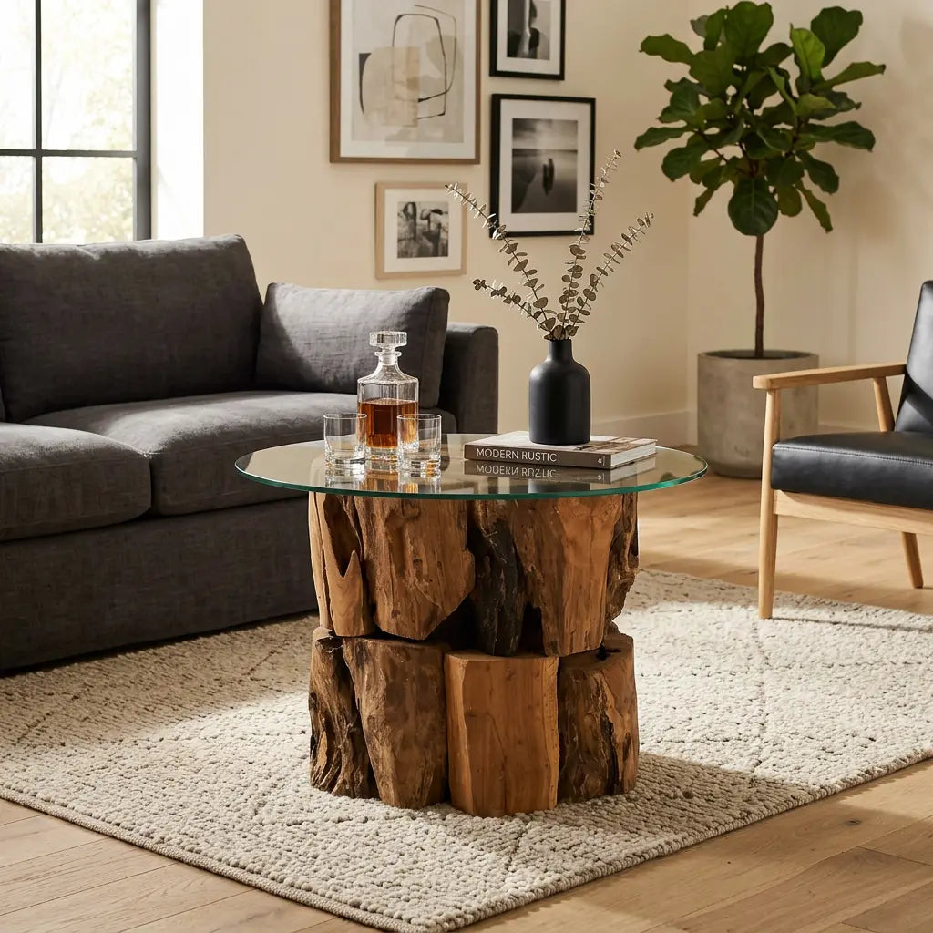 Table basse ronde en verre avec base en bois brut naturel dans un salon au style contemporain