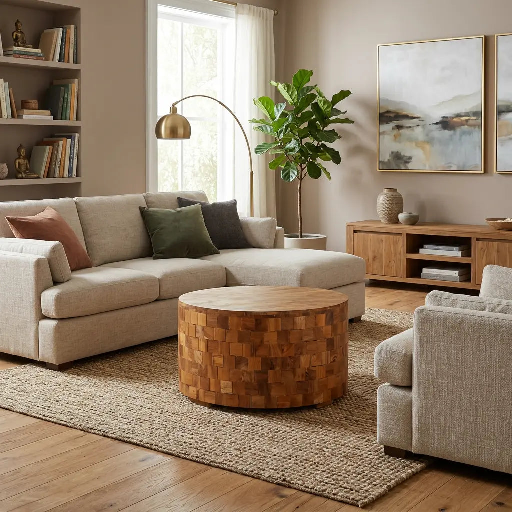 Table basse ronde en bois massif mosaïque dans un salon moderne, design artisanal aux tons naturels chaleureux