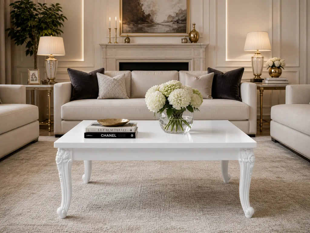 Table basse blanche laquée avec pieds galbés sculptés, mise en scène dans un salon élégant au style classique