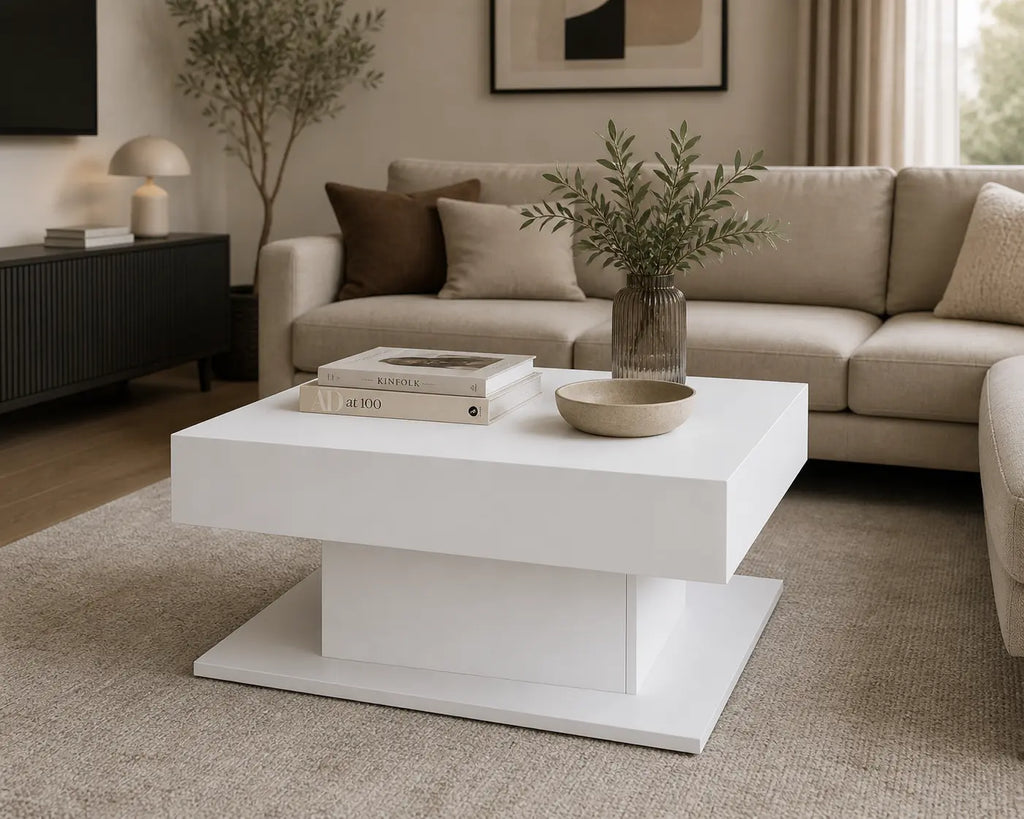 Table basse carrée blanche au design minimaliste moderne dans un salon contemporain chaleureux