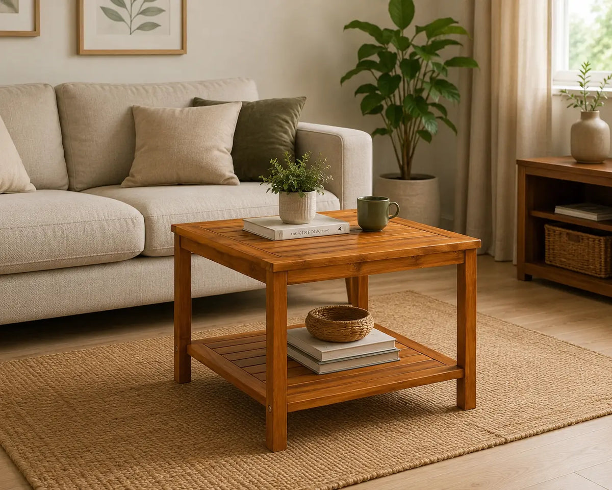 Table basse carrée Savara en bois dans un salon chaleureux au style naturel et moderne