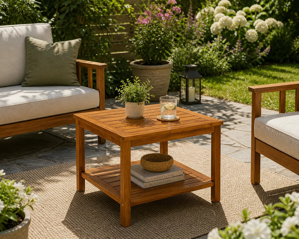 Table basse carrée Savara en bois naturel sur terrasse extérieure avec style chaleureux et élégant