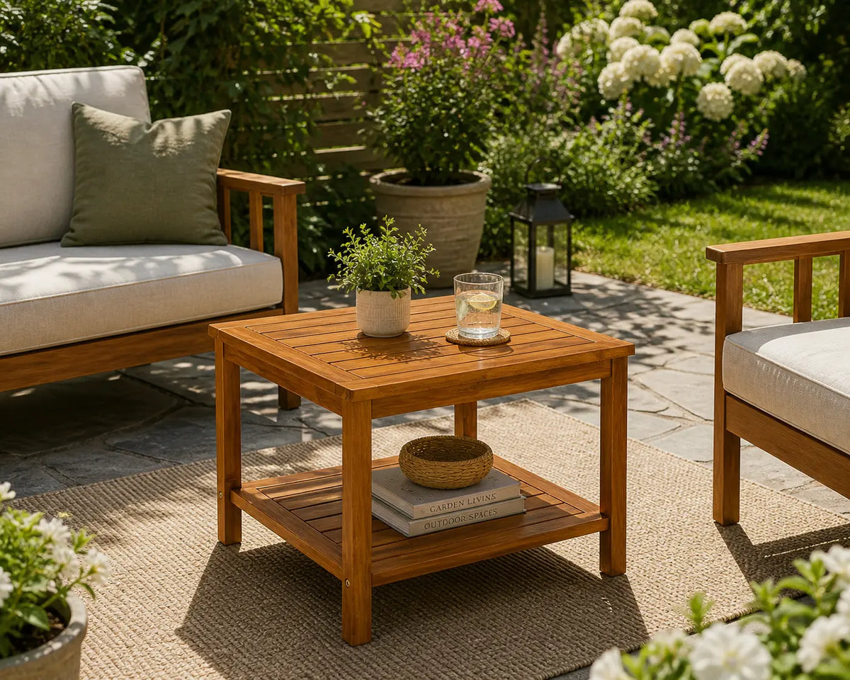 Table basse carrée Savara en bois naturel sur terrasse extérieure avec style chaleureux et élégant