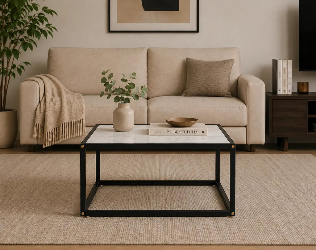 Table basse Orlune effet marbre blanc avec structure noire dans un salon contemporain élégant