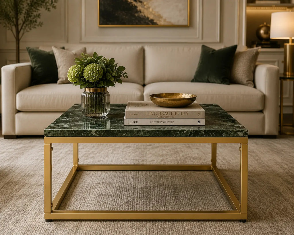 Table basse carrée Émera en marbre vert véritable avec structure dorée moderne dans un salon élégant