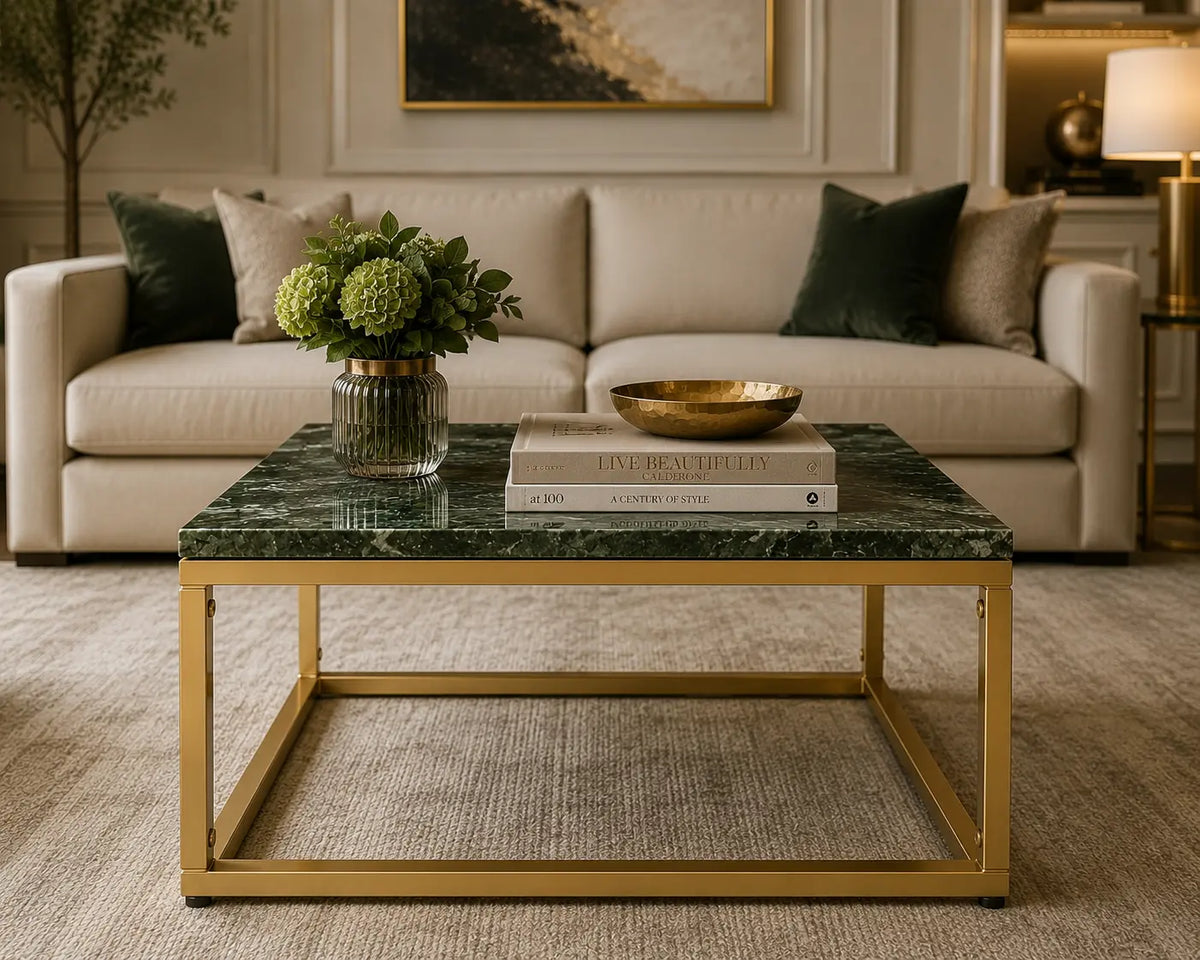 Table basse carrée Émera en marbre vert véritable avec structure dorée moderne dans un salon élégant
