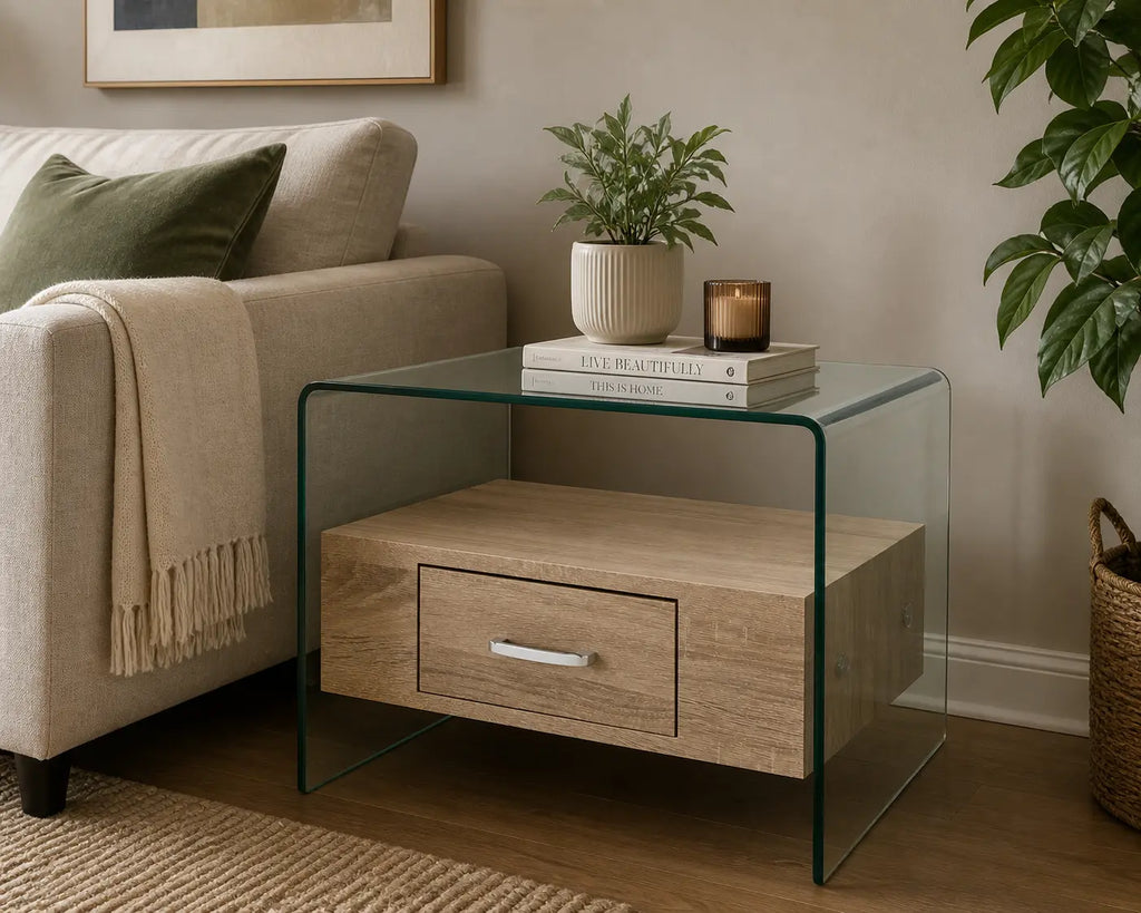 Table basse moderne en verre trempé transparent avec tiroir effet bois chêne, idéale pour salon ou chambre élégante