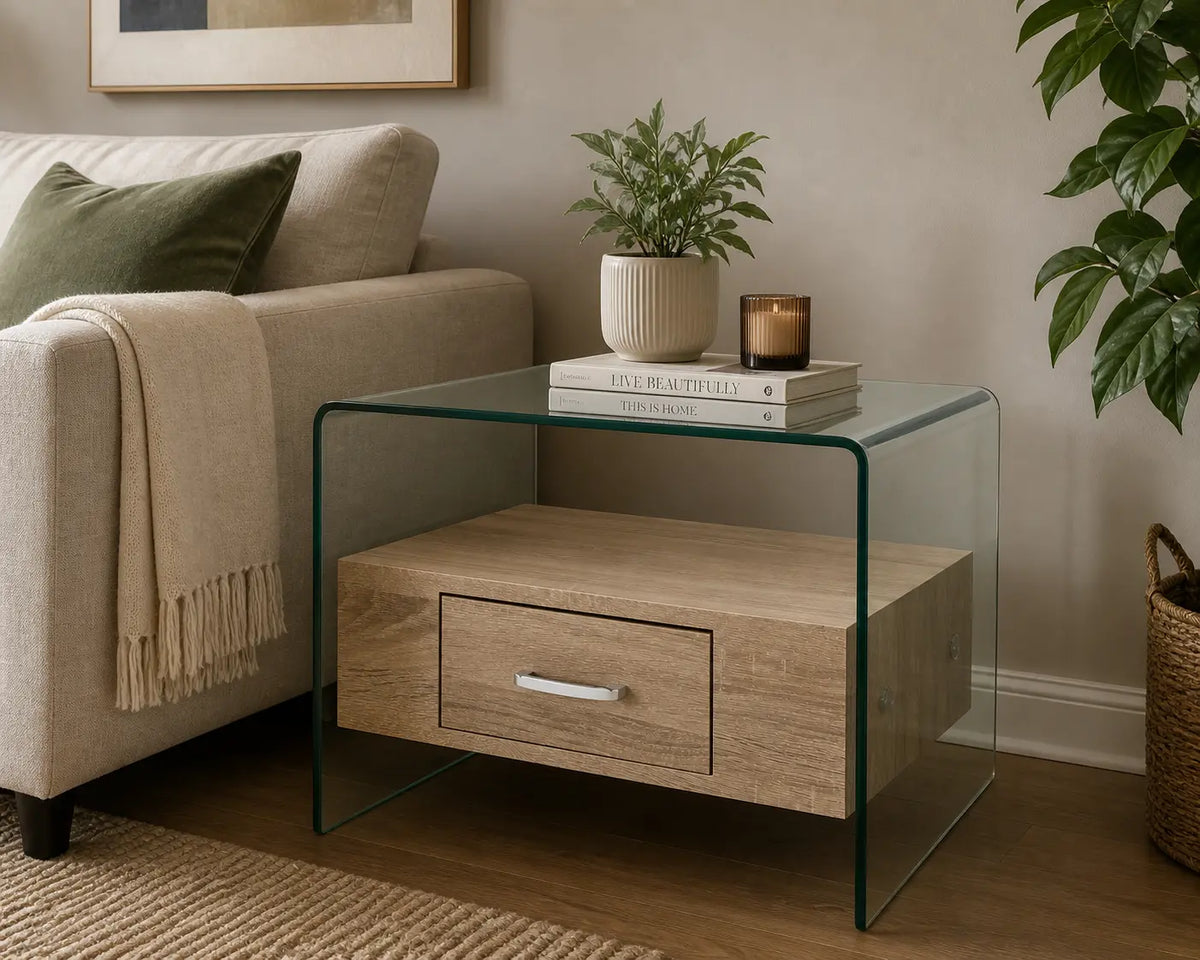 Table basse moderne en verre trempé transparent avec tiroir effet bois chêne, idéale pour salon ou chambre élégante