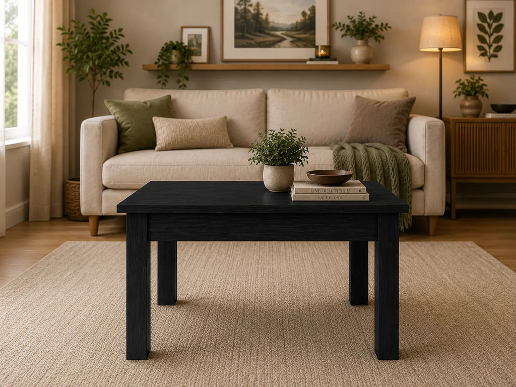 Table basse noire en bois au design minimaliste dans un salon moderne et chaleureux contemporain