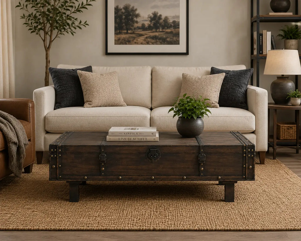 Table basse coffre vintage en bois foncé dans un salon chaleureux au style industriel et rustique chic