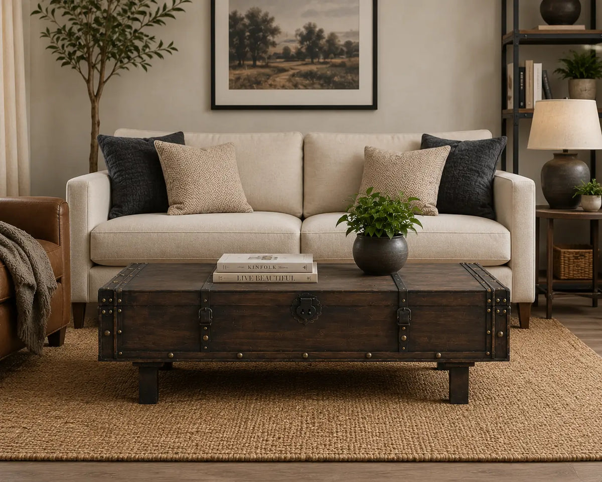 Table basse coffre vintage en bois foncé dans un salon chaleureux au style industriel et rustique chic