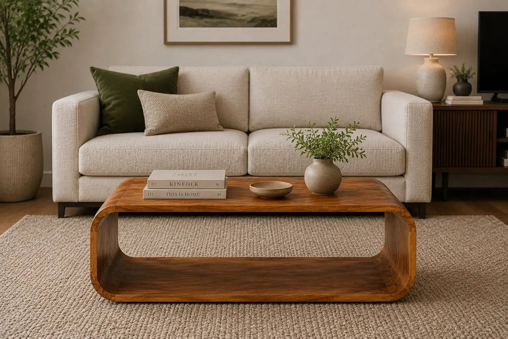 Table basse en bois massif courbé avec étagère ouverte, design organique et finition chaleureuse moderne