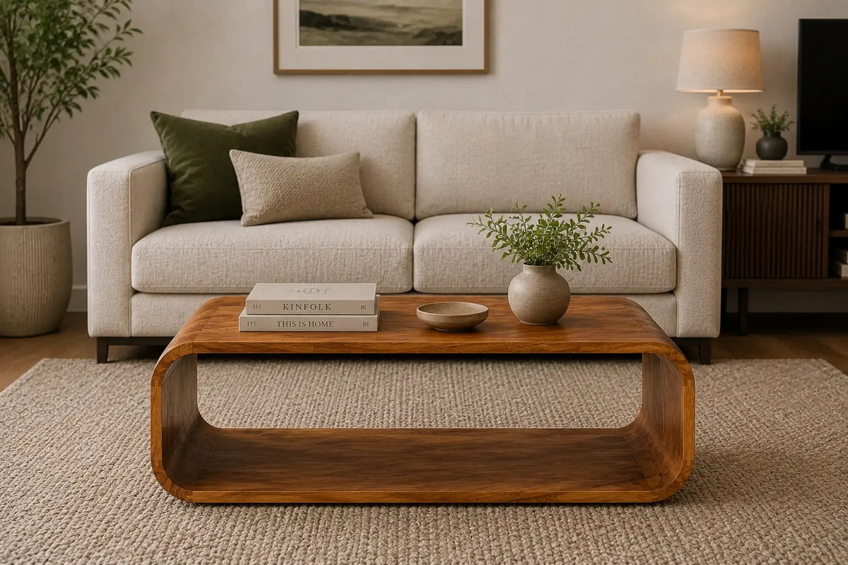 Table basse en bois massif courbé avec étagère ouverte, design organique et finition chaleureuse moderne