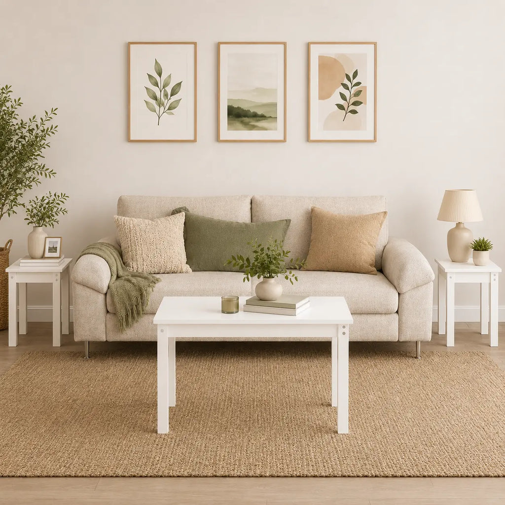 Ensemble de 3 tables blanches gigognes polyvalentes, design minimaliste compact pour salon, chambre ou petits espaces
