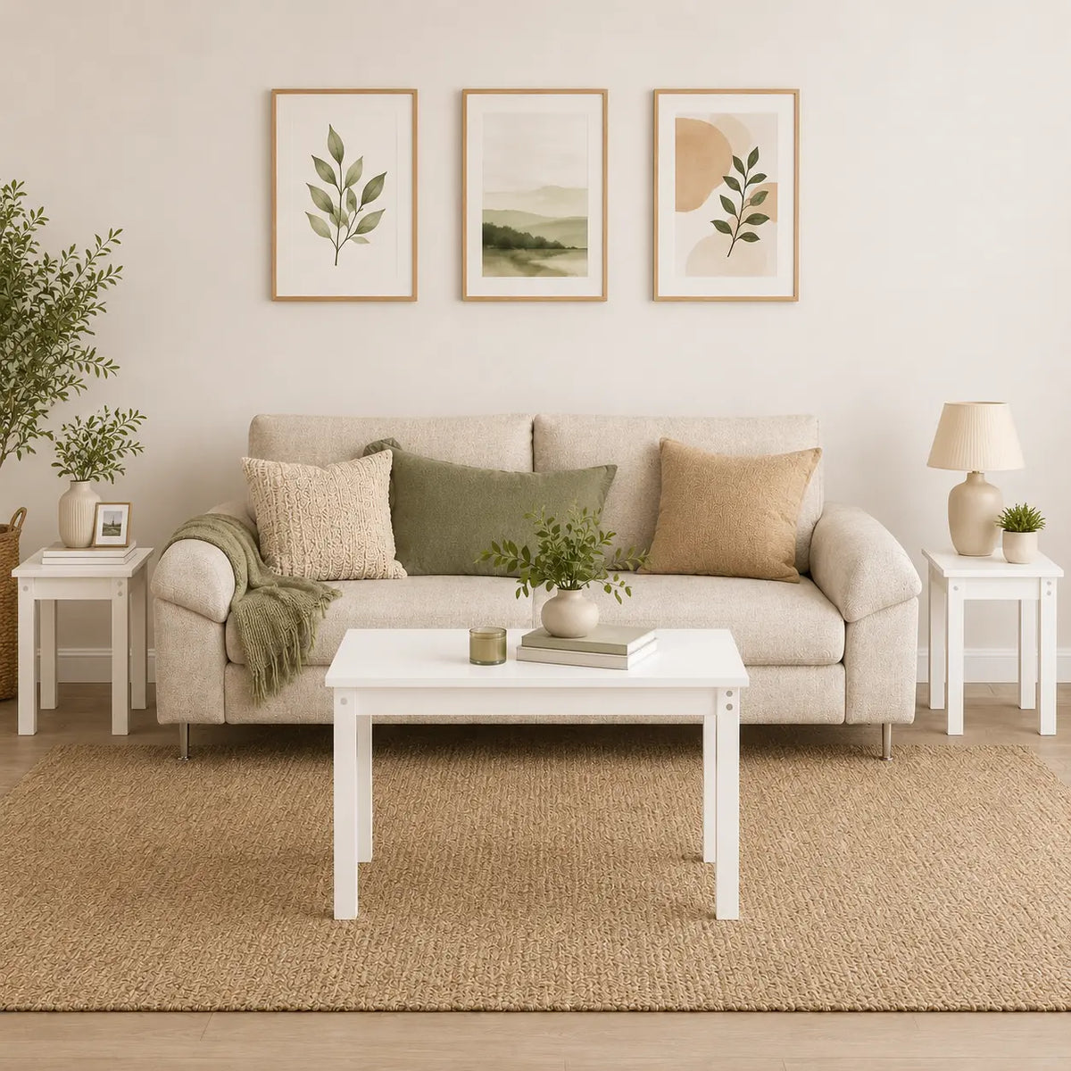 Ensemble de 3 tables blanches gigognes polyvalentes, design minimaliste compact pour salon, chambre ou petits espaces
