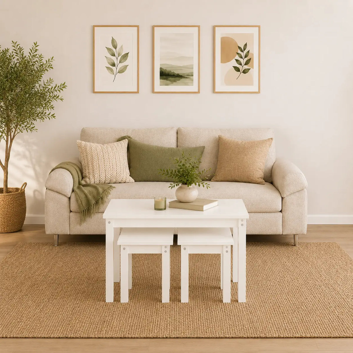 Ensemble table basse blanche avec 4 tabourets emboîtables, mobilier compact gain de place pour salon moderne
