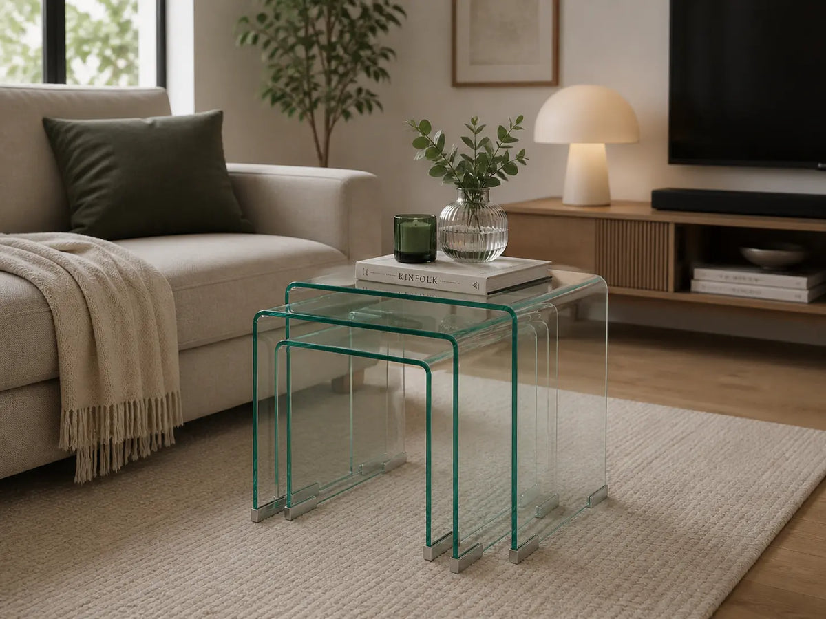 Tables basses Gigognes Carrées en Verre Arlune dans un salon moderne et lumineux