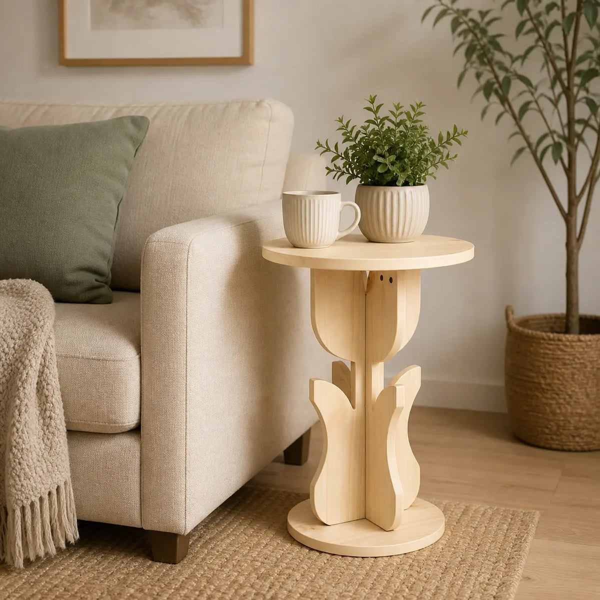 Table d’appoint en bois naturel en situation, design sculptural minimaliste pour salon chaleureux et intérieur moderne