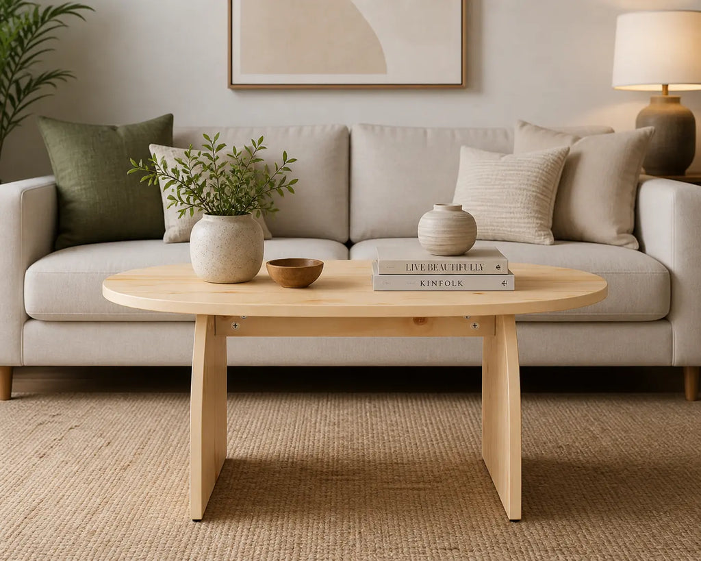 Table basse ronde en bois clair dans salon scandinave moderne avec décoration minimaliste chaleureuse