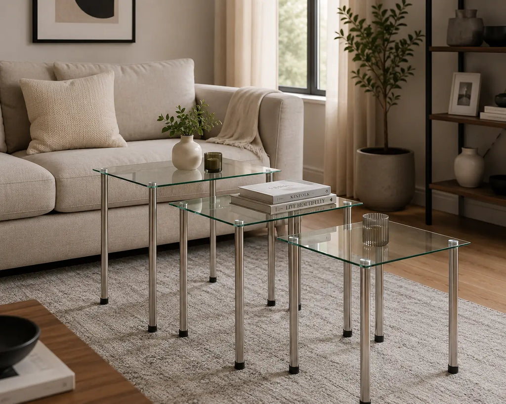 Tables basses gigognes en verre trempé transparent avec pieds chromés pour salon moderne et élégant