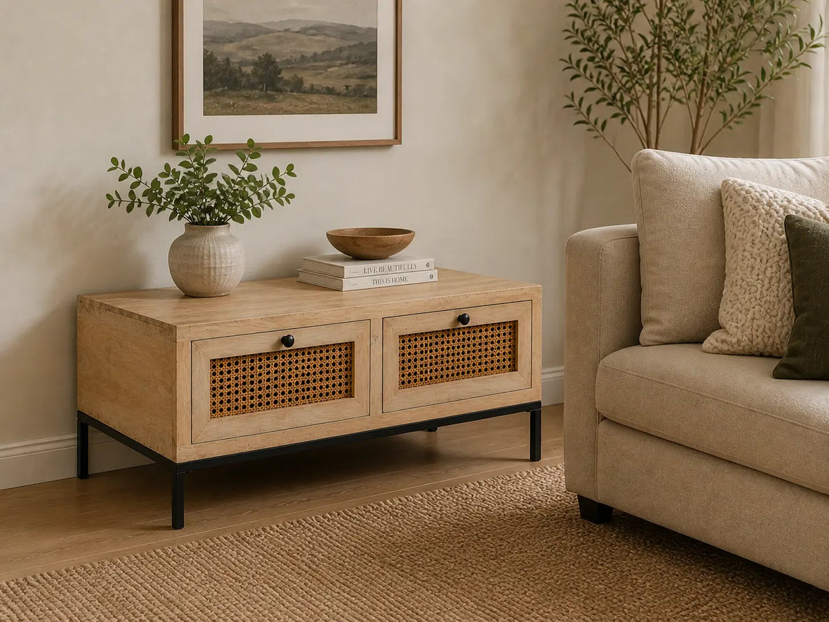 Table basse en bois clair avec tiroirs en cannage naturel et pieds en métal noir, mise en scène dans un salon chaleureux