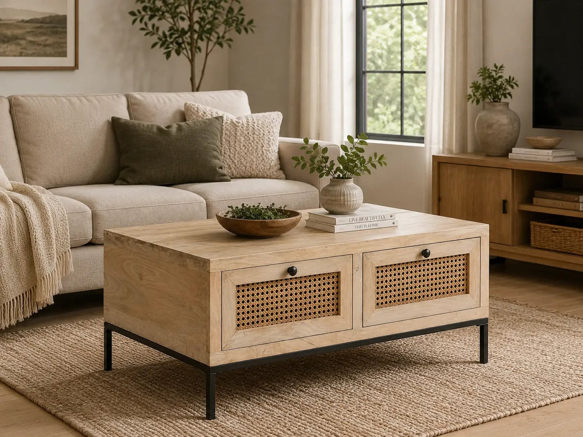 Table basse en bois clair avec 2 tiroirs en cannage naturel et pieds en métal noir, mise en scène dans un salon contemporain