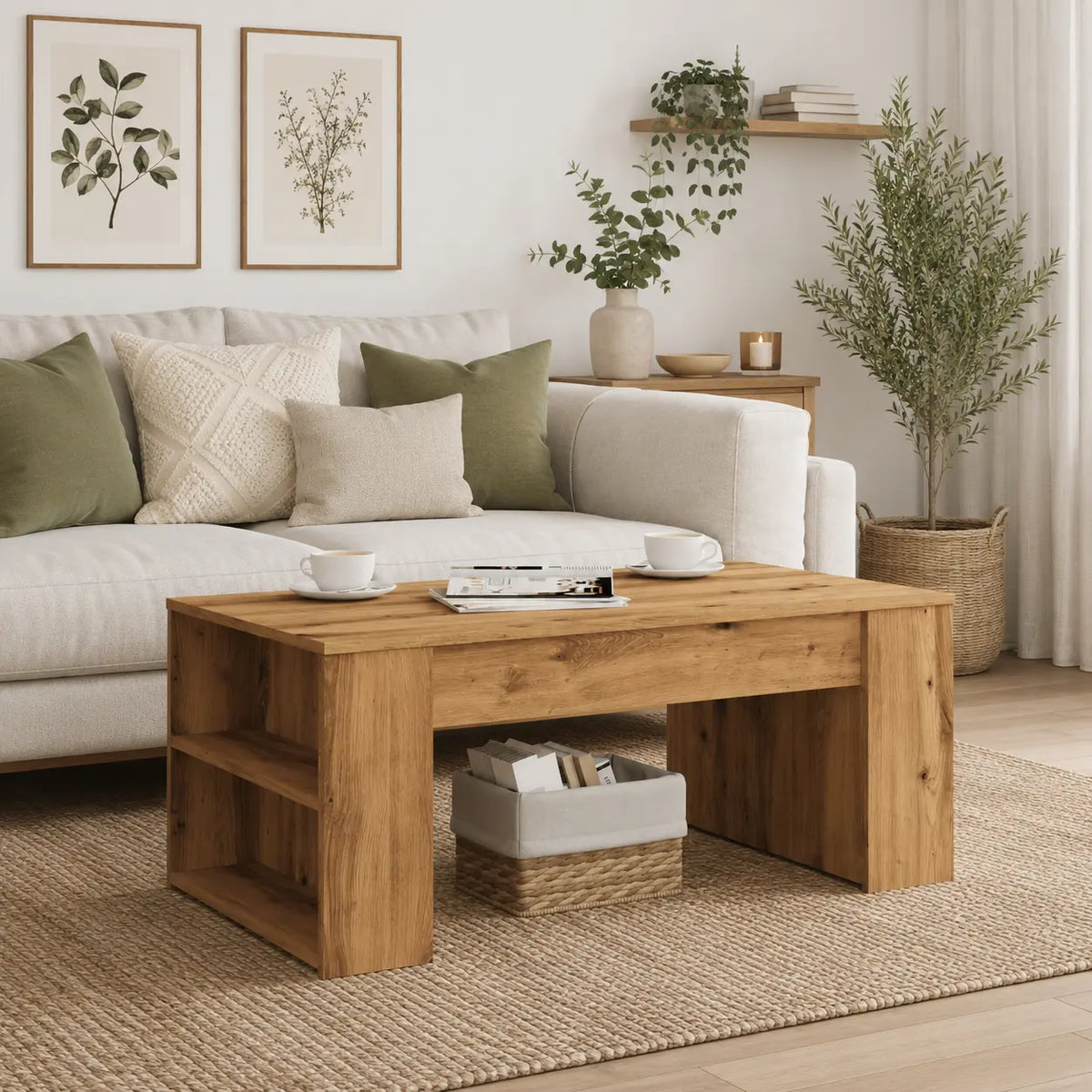 table basse en bois effet chêne mis en scène dans un salon, avec étagères ouvertes intégrées et design contemporain fonctionnel
