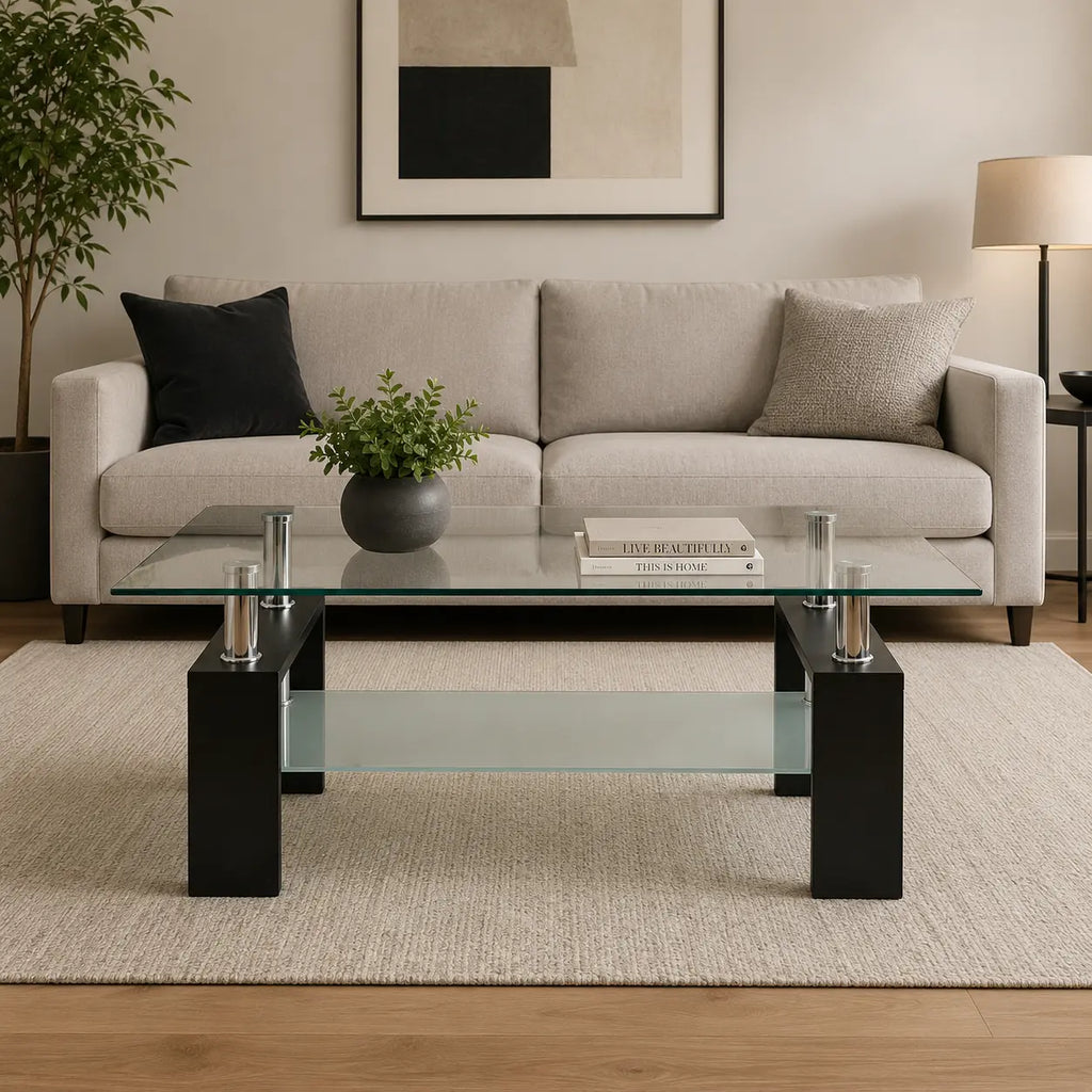 Table basse avec double plateau en verre transparent, structure noire et supports chromés, mise en scène dans un salon contemporain
