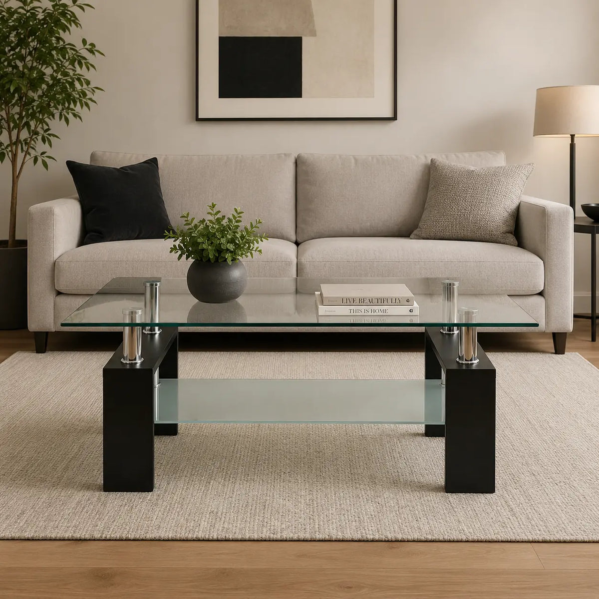 Table basse avec double plateau en verre transparent, structure noire et supports chromés, mise en scène dans un salon contemporain