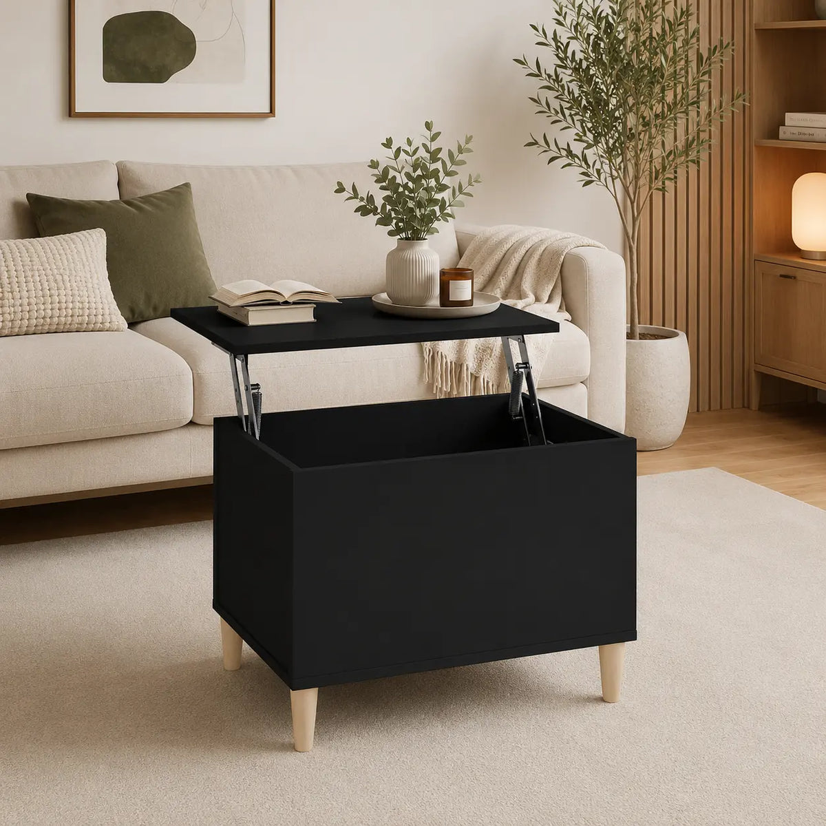 Table basse noire relevable avec rangement intégré dans un salon moderne aux tons naturels et décoration épurée