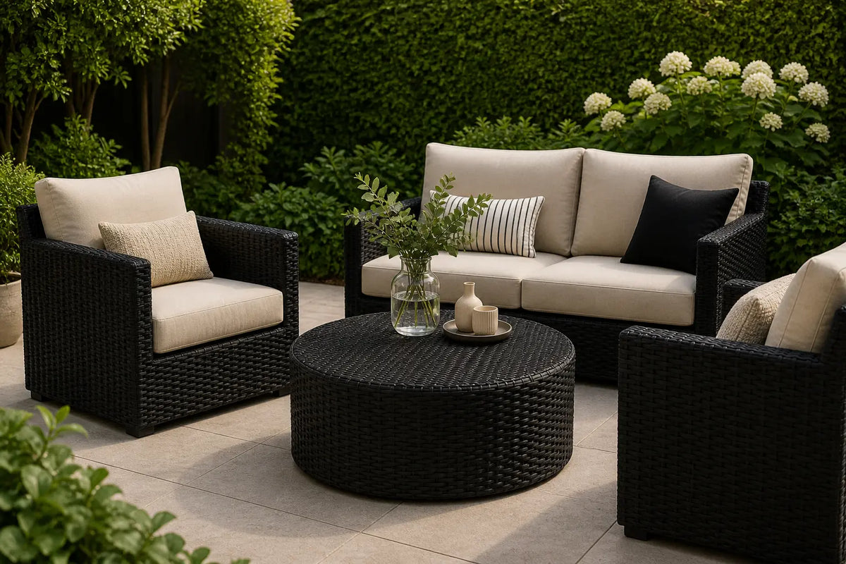Table basse ronde en résine tressée noire sur terrasse extérieure avec salon de jardin moderne élégant