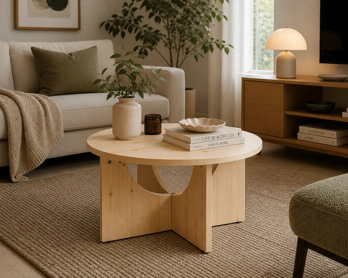 Table basse ronde en bois naturel dans un salon moderne, avec plateau circulaire et base géométrique minimaliste