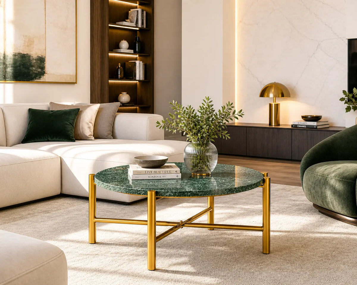 Table basse Monolith en marbre vert véritable avec pieds dorés dans un salon contemporain élégant