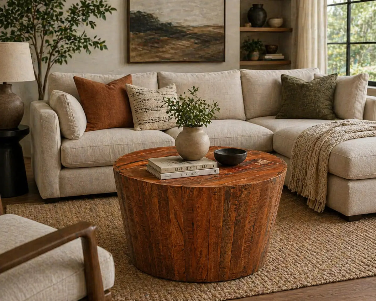 Table basse ronde en bois massif brun, design conique rustique avec veinage naturel, mise en scène dans salon chaleureux